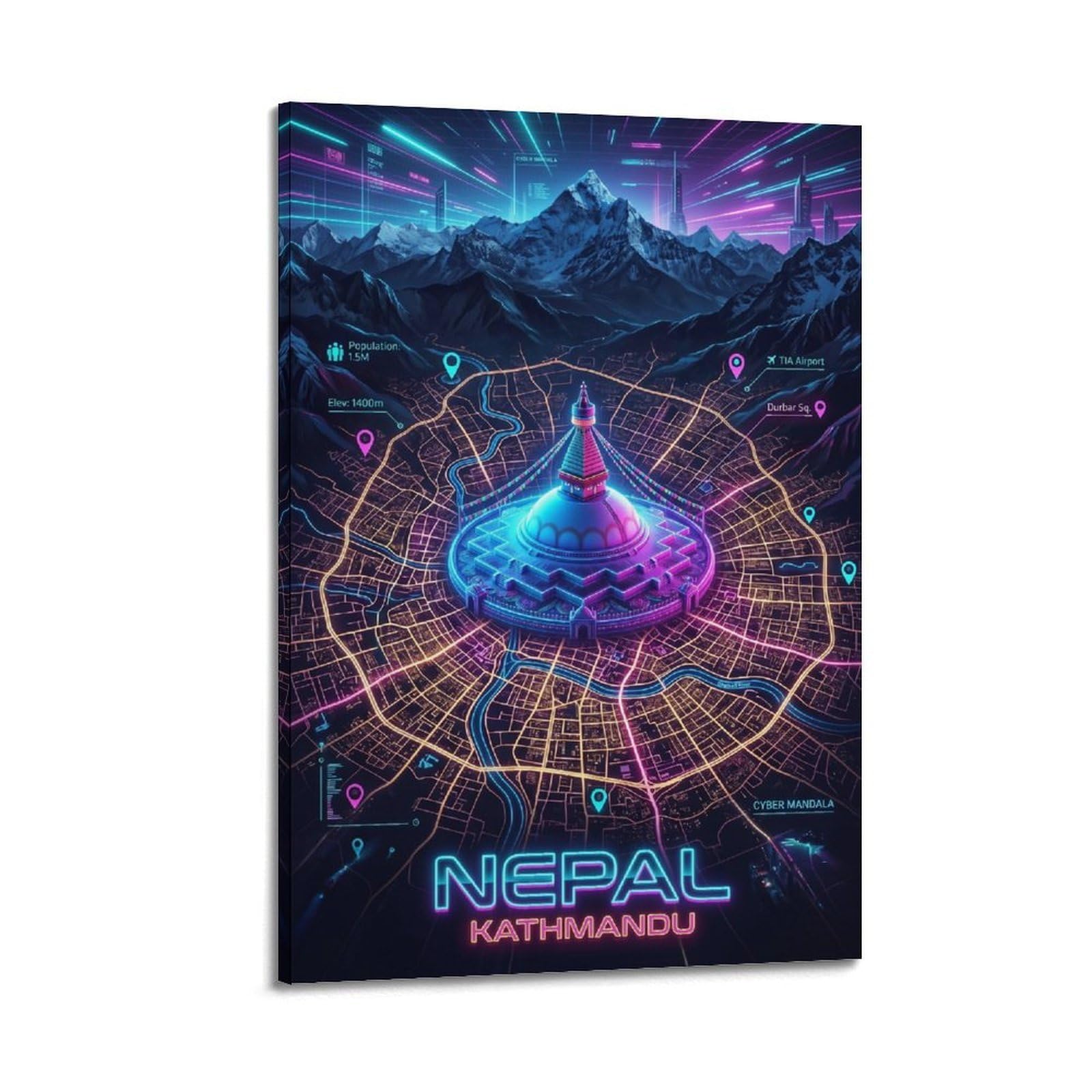 XKUGA Nepal Kathmandu 80s Neon Map Gamer Room Poster Modern Decorative Canvas Prints - Ideal Wall Art for Family, Man Cave, Game Room, Boys & Girls Bedroom 16x24inch(40x60cm)