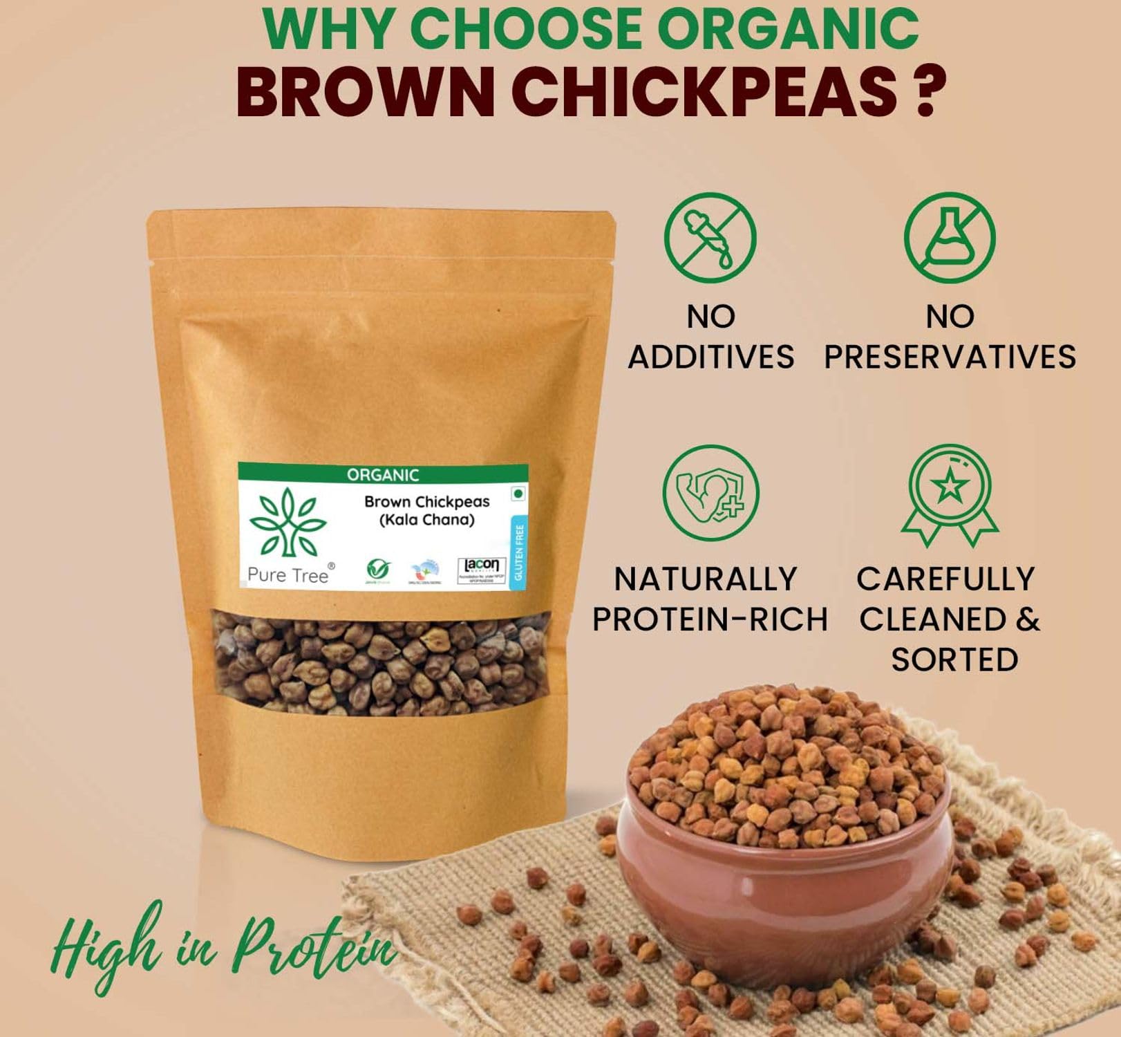 Pure Tree Certified Organic Kala Chana | 850 g | Brown Chickpeas | Desi Chana Whole Kadle Kalu | Plant Based High Protein Kondakadalai | Black Gram Whole Black Chickpeas - Image 7 thumbnail