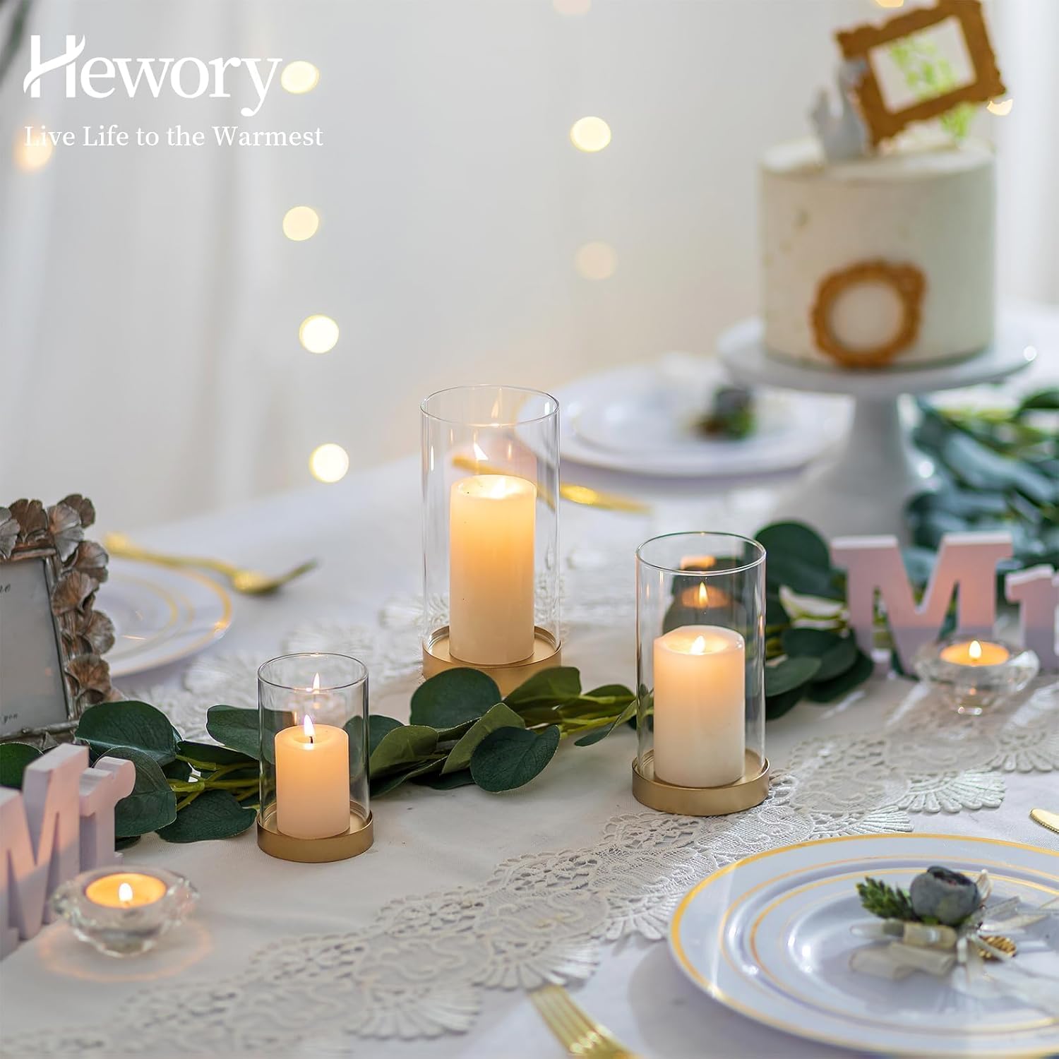 Hewory Hurricane Candle Holder for Pillar Candles: Gold Votive Candle Holders Set of 12, Glass Hurricane with Metal Candle Plate, Pillar Candle Holder for Table Centerpiece Wedding Holiday Home Decor