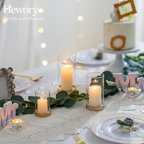 Miniatura 8 de Hewory Portavelas de huracán para velas de pilar Juego de 6 portavelas votivas doradas, diseño de huracán de cristal con placa de vela de metal,