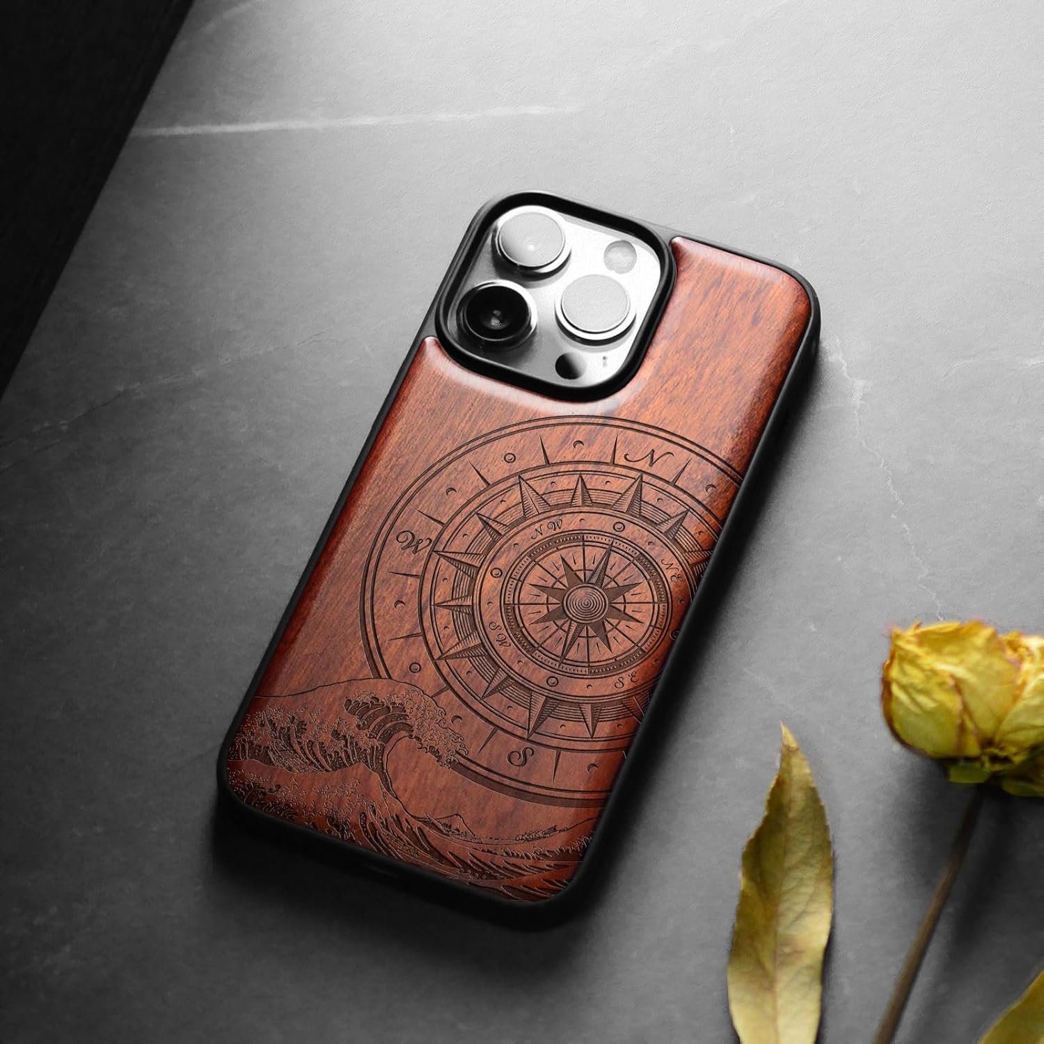 Carveit Magnetic Wooden Case for iPhone 15 Pro Case, Compatible with MagSafe Wireless Chargers, Black Soft TPU Shockproof Cover & Wood Artisan Engraved (Wave Compass) - Rosy