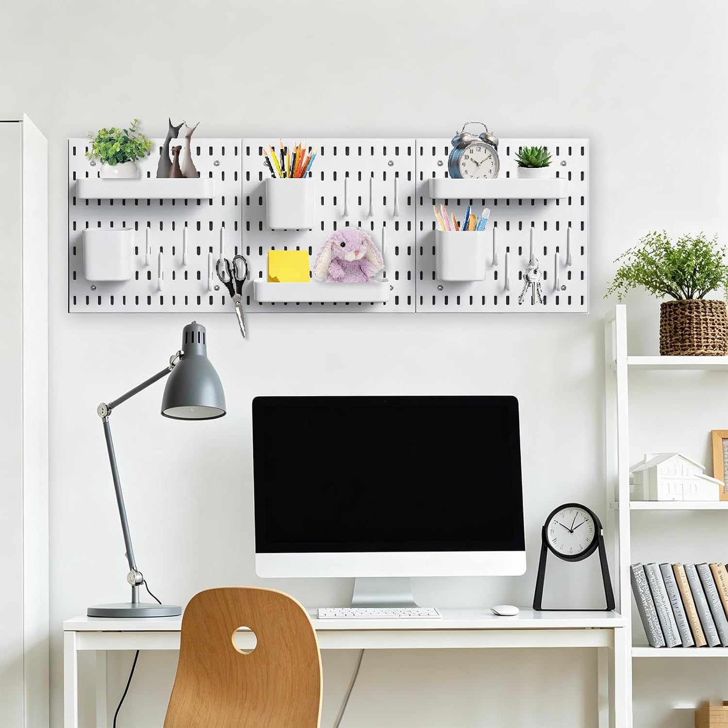 Pegboard Wall White Plastic Modular Storage Shelf Organizer Kit,3pcs Peg Board and 21 pcs Modular Hanging Accessories, Pegboard Display Stand for Kitchen,Home，Desk,Office,Room,Bathroom
