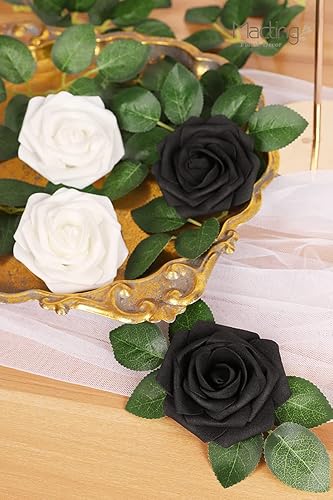 Miniatura 4 de MACTING 30 PCS Flores Artificiales Rosas Negras y Blancas Flores Falsas con Tallo Rosas de Espuma de Tacto Real para Boda Bola de Besos Ramillete