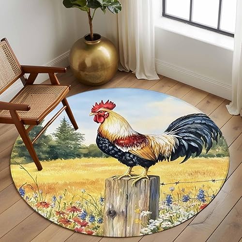 Miniatura 3 de 5ft Round Rug, Retro Rooster Non-Skid Rubber Backing Large Area Rugs - Living Room Bedroom Home Office, Spring Flowers Watercolor Animals Indoor