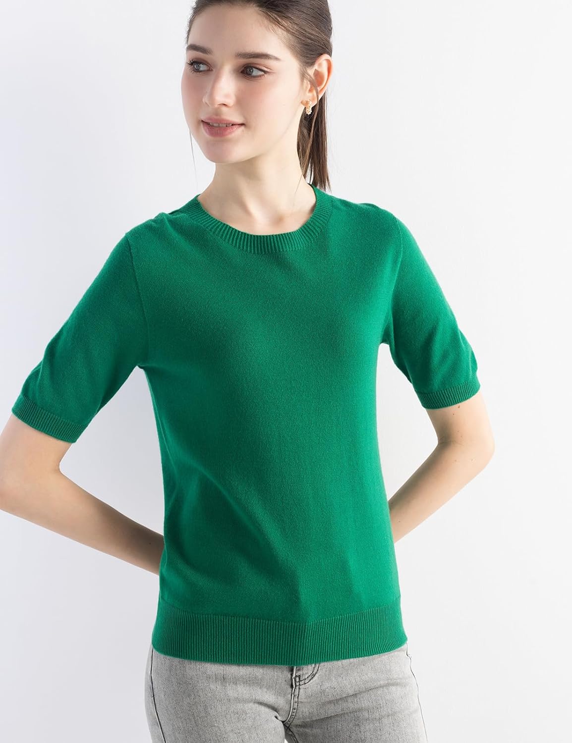 Women's Merino Wool Blend Sweater Fall Winter Crew Neck Short Sleeve First-Line Ready to Wear Seamless Knit Pullover - Image 2
