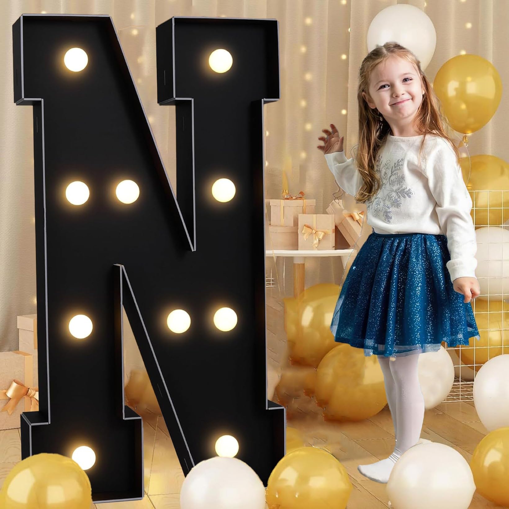 Lettera N nera, con luce a LED, pre-tagliata, in schiuma, luminosa, decorazione per proposte di compleanno, anniversario, matrimonio, 100 cm