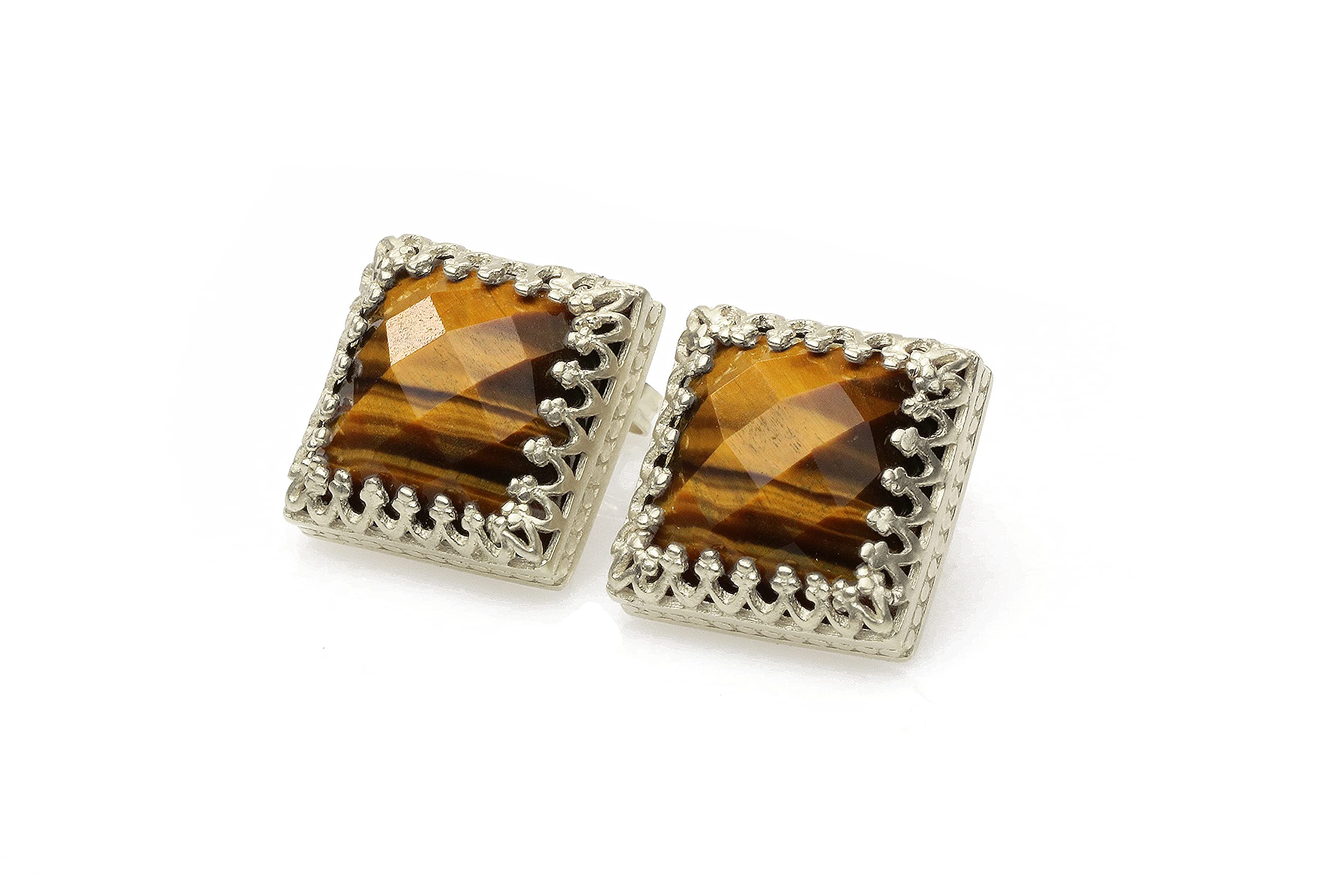 Ojo de Tigre - Pendientes Cuadrados de Piedra Preciosa para Mujer - Pendientes de Plata de Ley de Inspiración Vintage - Elegantes Joyas Hechas a Mano para Mujer - Elija su Material