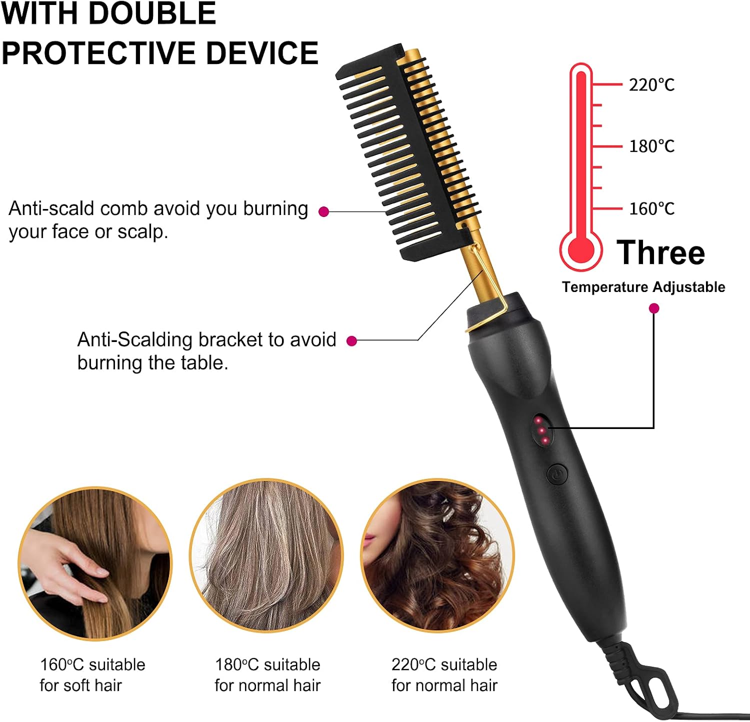 Hot Comb, FACEBOX Multifunctional Copper Hot Hair Straightener Brush for Men Woman Electric Heating Comb, Portable Travel Anti-Scald Beard Hair Straightener Comb