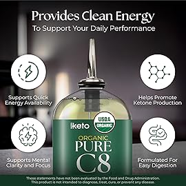 Keppi Keto Organic MCT Oil - Flavorless C8, Non-GMO, Certified Gluten-Free, Palm Oil Free, Vegan, Kosher, Halal, 32 oz Coconut Oil