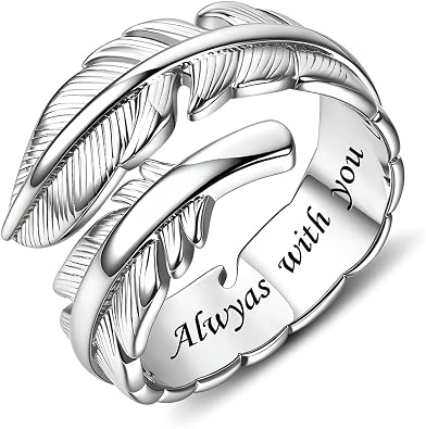 Sterling Silver Feather Ring for Women Men Adjustable Open Ring