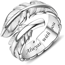 Sterling Silver Feather Ring for Women Men Adjustable Open Ring