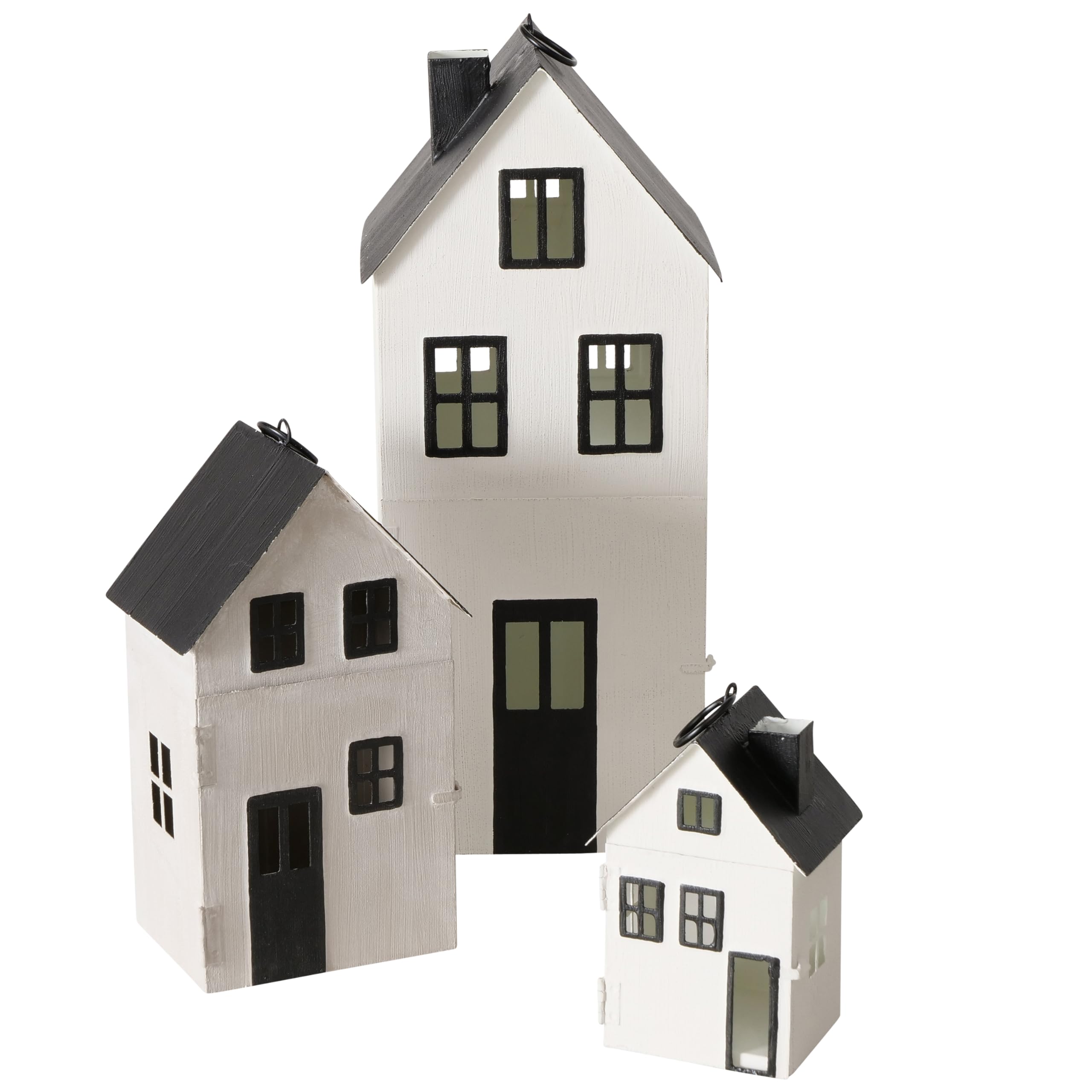 Main Street Town House - Juego de 3 faroles de vela, estilo vintage, techos negros rústicos, paredes blancas, metal, 13.75, 8.25 y 5 pulgadas de alto