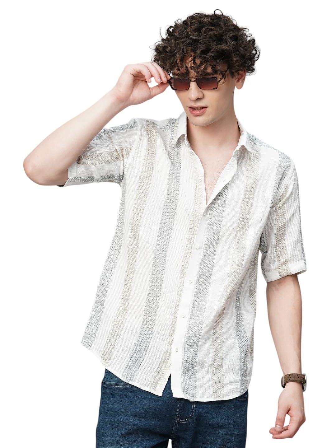 Exclusive Stripes Half Sleeve Crochet Stripes Shirt for Men
