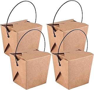 10Pcs Kraft Paper Chinese Take Out Boxes 26 oz Stackable to Go Boxes Takeout Food Containers with Handle Party Favor Boxes for Catering, Weddings, Party Favors, Restaurant, Unfolded, Brown