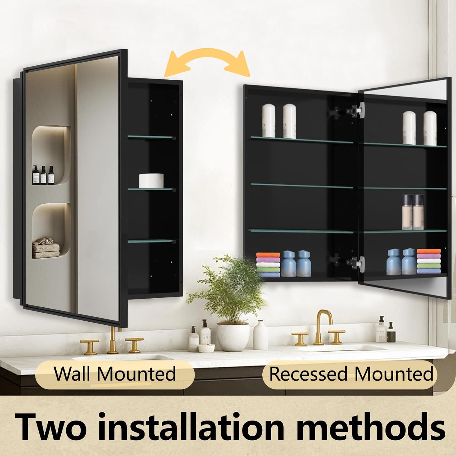 24x30 Inch Bathroom Medicine Cabinet with Mirror – Brushed Black Aluminum Frame, Surface Mount Single-Door Storage Cabinet, Black Bathroom Vanity Mirror Cabinet