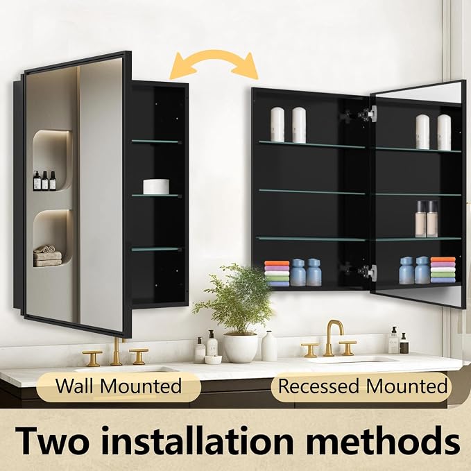 Botiquín de baño de 24 x 30 pulgadas con espejo – Marco de aluminio cepillado negro, armario de almacenamiento de una puerta para montaje superficial, espejo negro para mueble de baño miniatura 7
