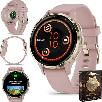 Garmin Venu 3S, Running GPS Smartwatch, AMOLED Display, Advanced Health & Fitness, Up to 10 Days Battery, Soft Gold with Rose Silicone Band - Bundle w/Deco Essentials 26-Month CPS Plan