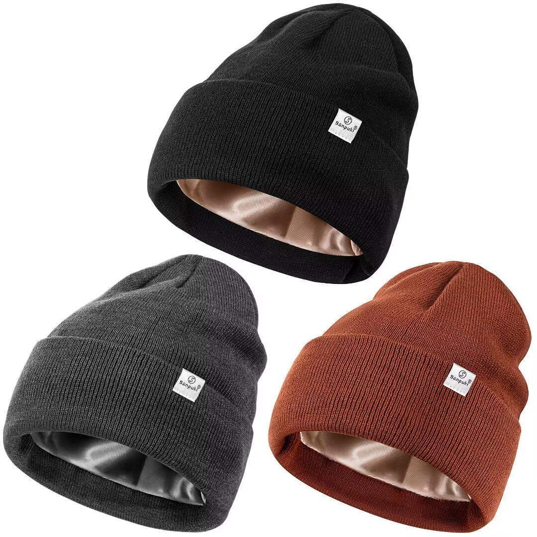 3 Pack Satin Lined Winter Beanie Hats for Women Silk Lined Soft Hat Stocking Stuffers for Women