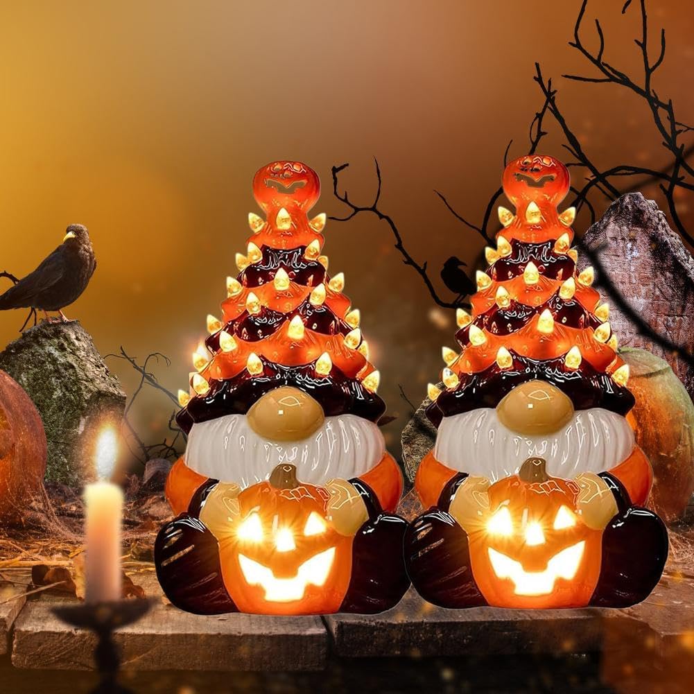 Lighted Halloween Gnomes Decorations,Lifelike Gnome Ornament with Warm Lights,8.6inch Faceless Old Man Ceramic Pumpkin Tree Figurine for Halloween Thanksgiving Tabletop Fireplace Decor