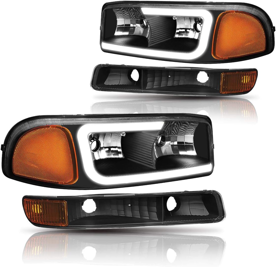 PM PERFORMOTOR [4Pcs-Set] LED DRL Headlights Assembly+Bumper Lamps Compatible with GMC Sierra Yukon XL 99-07,Black Housing/Amber Corner