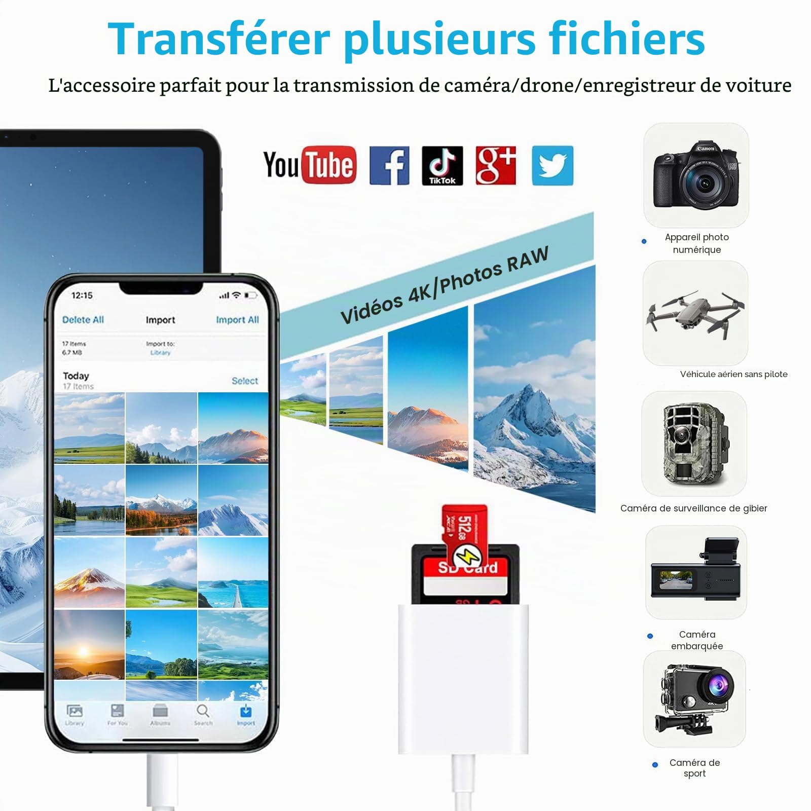 Lecteur de Carte SD pour iPhone iPad, Lightning Adaptateur de Carte SD Double Fente Micro SD/SD