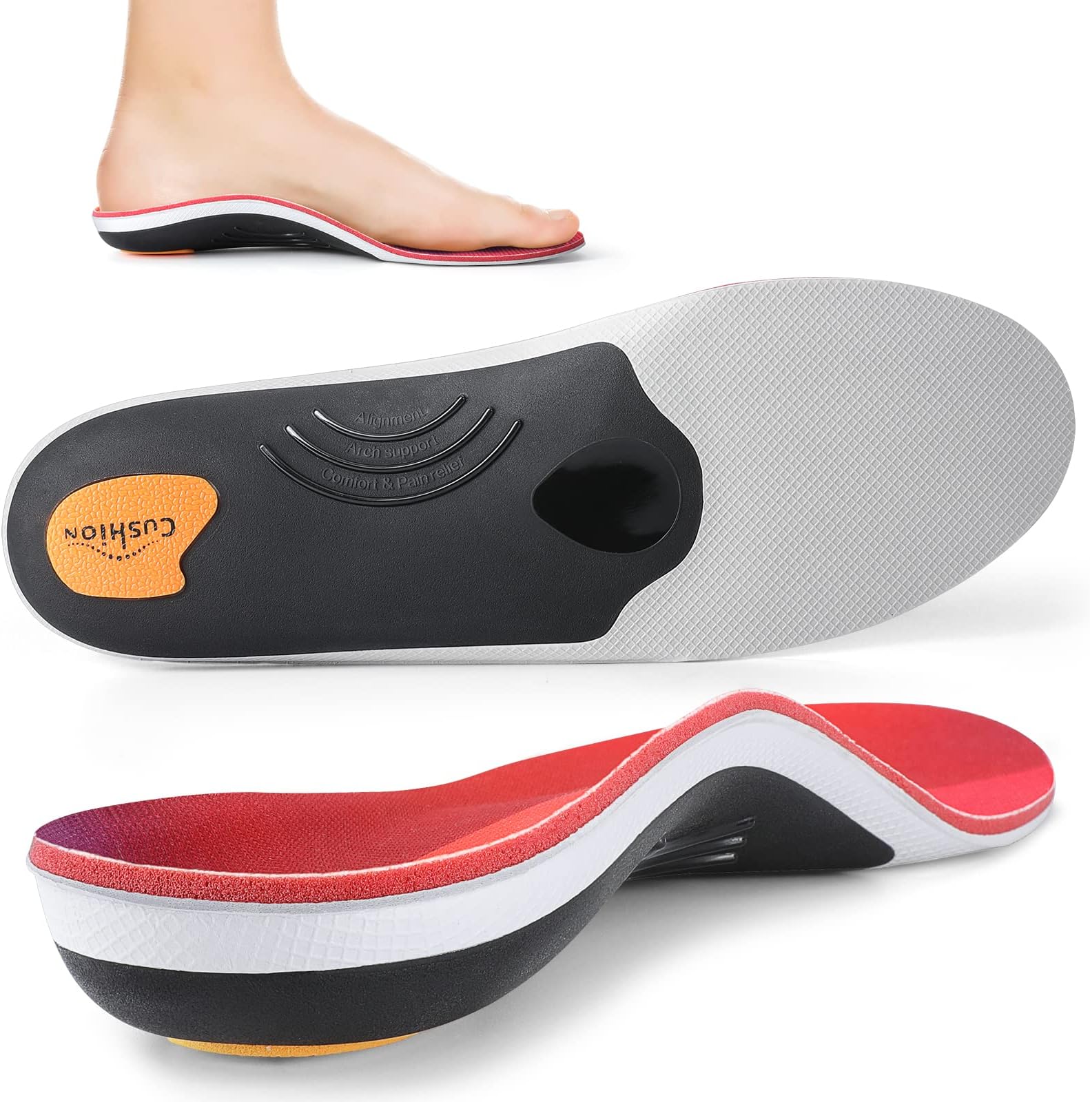 PCSsolePCSsole Heavy Duty Arch Support Insoles,220+lbs Plantar Fasciitis Orthotic Insoles,Work Boot Shoe Insert for Flat Feet, Heel Pain,Pronation,Foot Pain Relief,Metatarsal Support.29cm Red
