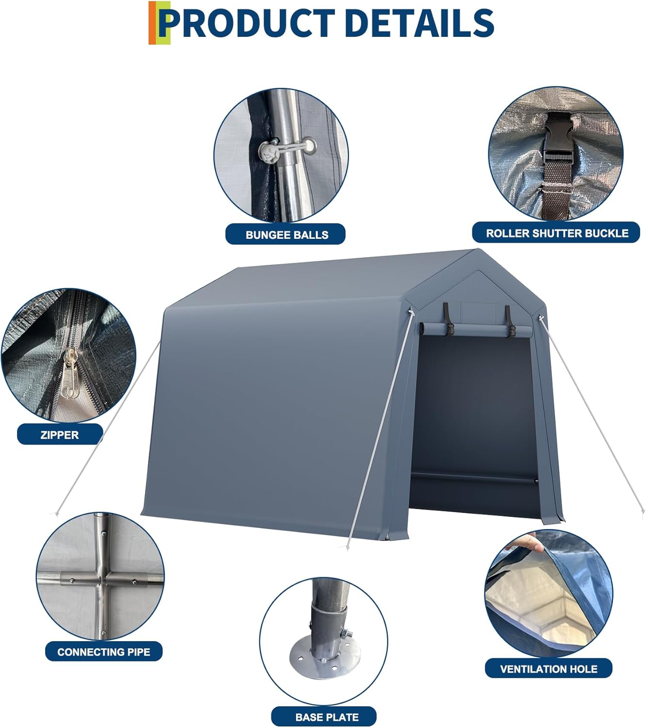 6x8 ft Outdoor Storage Shed, Portable Carport with Roll-up Ventilated Zipper Door and Windows, Heavy Duty Waterproof Tarp, Storage Sheds for Motorcycle, Bike, Firewood, Garden Tools