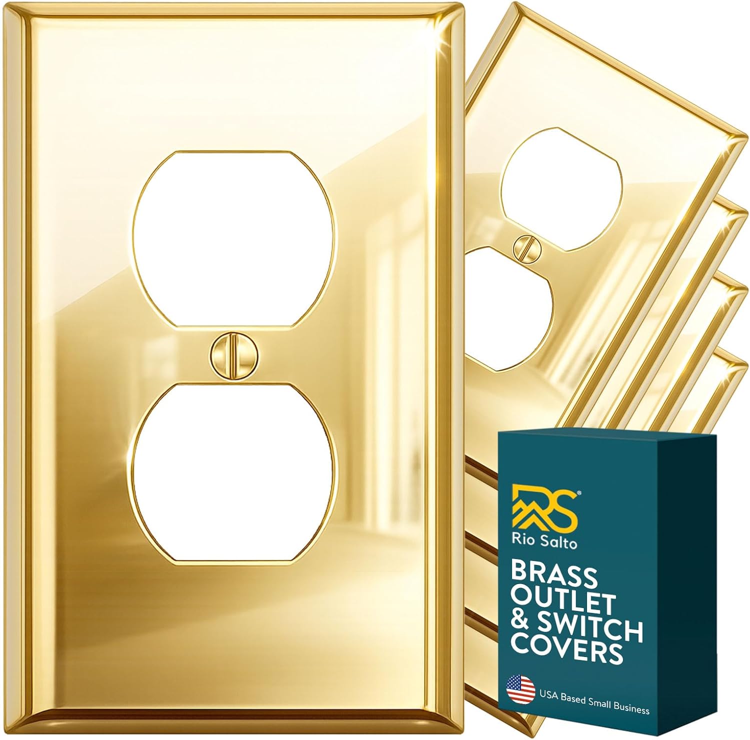Rio Salto BRASS High Polished Gold Duplex Outlet Cover – Signature Collection Premium Outlet Covers Light Switch Cover Wall Plates Shiny Gold 5-Pack Standard Size 2.75" X 4.50"