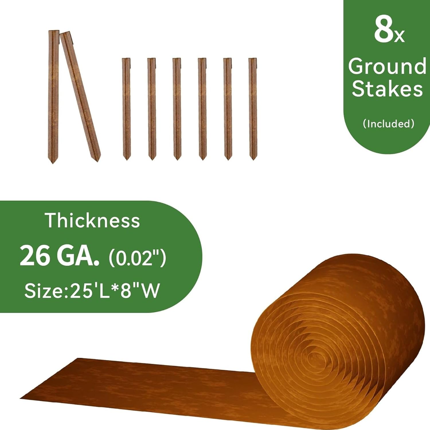 Worth Galvanized Steel Landscape Edging Roll, Flexible Metal Garden Border Fence with 8 Stakes for Lawn, Flower Bed, Yard, 8 Inch x 25 Foot, Rust