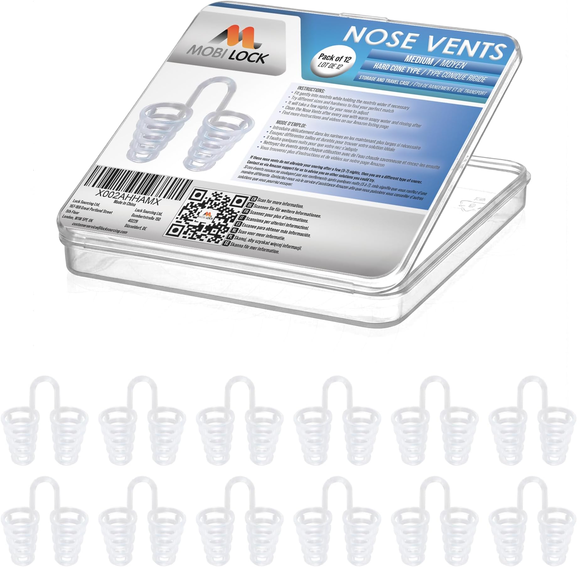 Nose Vent Sinus Relief Dilator (Pack of 12 Medium Size) Hard Cone Vents - A Simple Solution for Nasal Snorers - Reusable Snoring Device to enjoy a peaceful night's sleep - by Mobi Lock