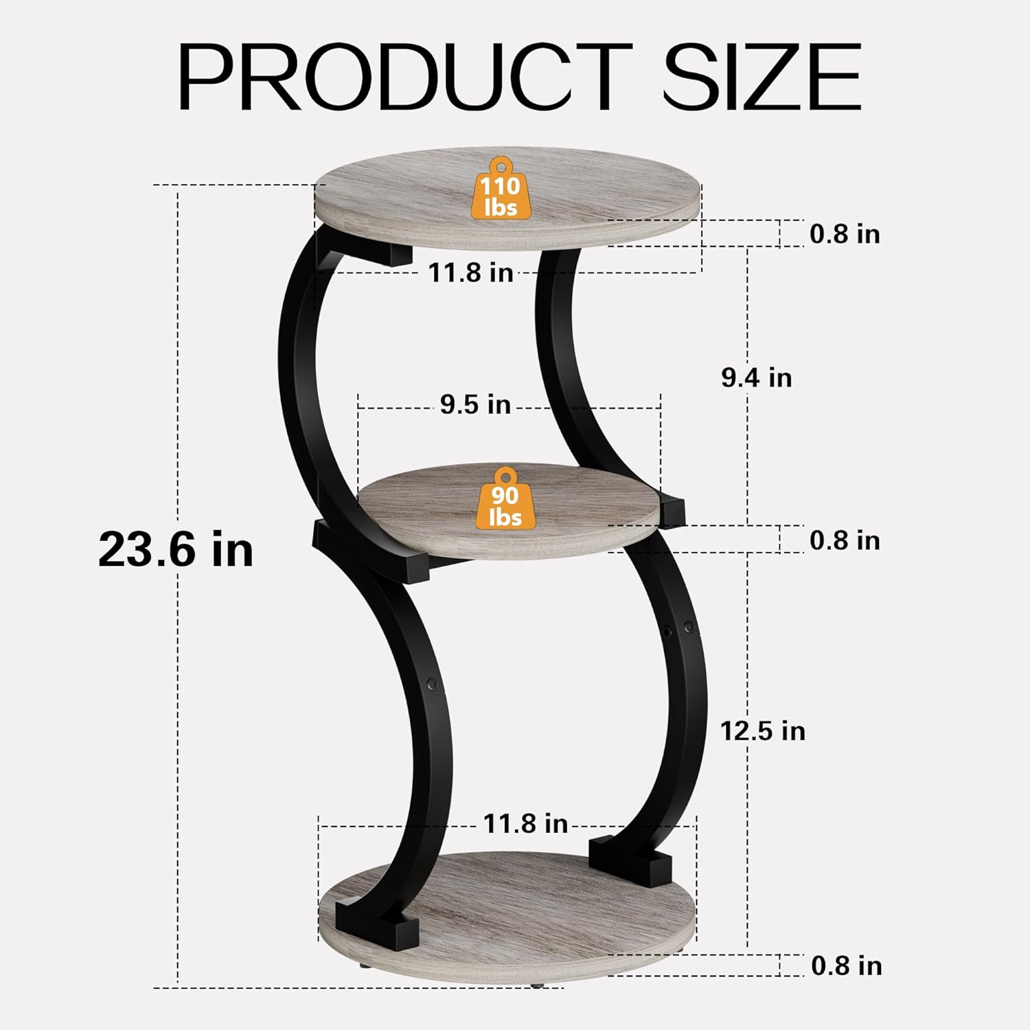 JUSTOGO Small Round Side Table, 3-Tier End Table for Living Room, Vintage Nightstand for Small Spaces Sofa Couch Corner Bedside Bedroom, S-Shaped Wood Accent Table Metal Coffee Table, Greige