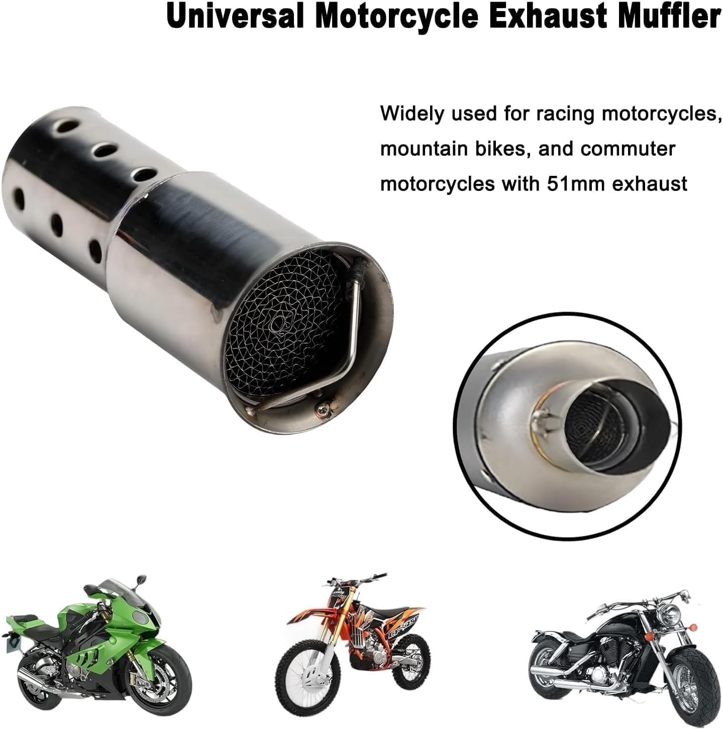 Motorcycle Exhaust Pipe Muffler 51mm Motorcycle Universal DB killer Exhaust Baffle Silencer Stainless Steel Universal Muffler Silencer Noise Eliminator