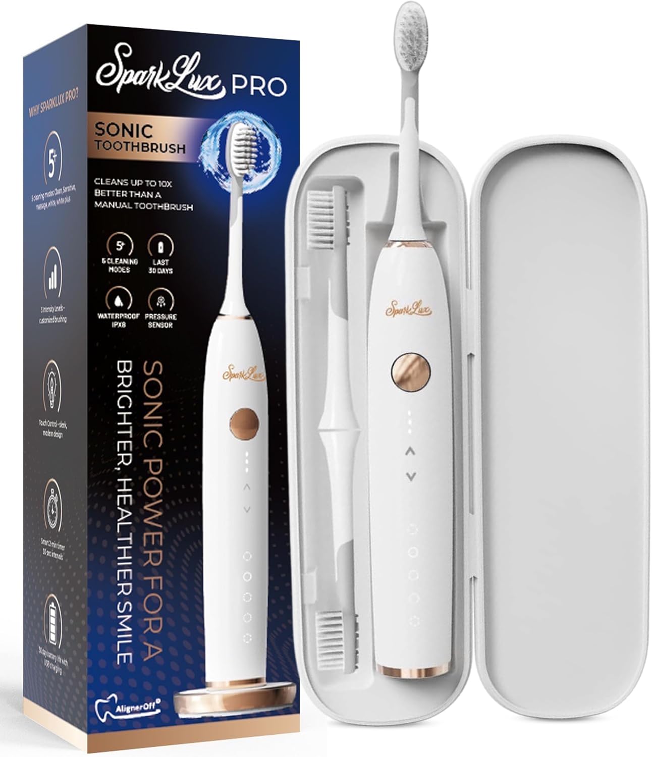 Sparklux Pro Ultrasonic Toothbrush - Rechargeable Wireless Electric Toothbrush for Adults with Replacement Heads, Travel Case, Cordless Design, White with Rose-Gold Trim