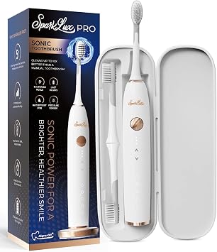 Sparklux Pro Ultrasonic Toothbrush - Rechargeable Wireless Electric Toothbrush for Adults with Replacement Heads, Travel Case, Cordless Design, White with Rose-Gold Trim