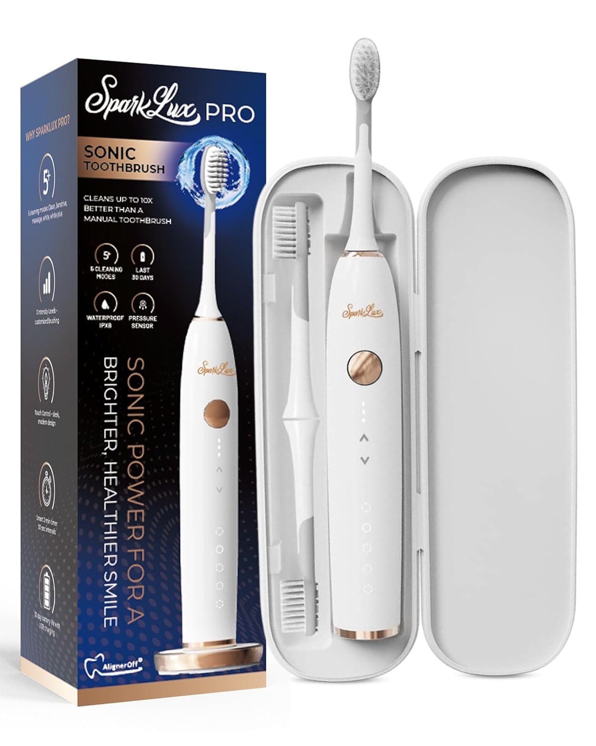 Sparklux Pro Ultrasonic Toothbrush - Rechargeable Wireless Electric Toothbrush for Adults with Replacement Heads Travel Case Cordless Design