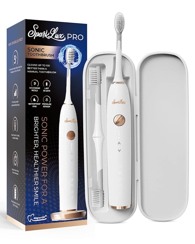 Sparklux Pro Ultrasonic Toothbrush - Rechargeable Wireless Electric Toothbrush for Adults with Replacement Heads Travel Case Cordless Design