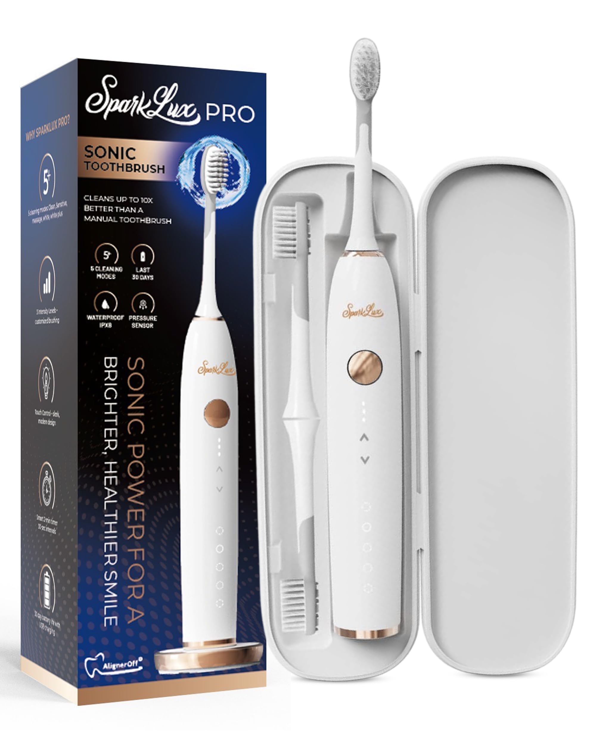 Sparklux Pro Ultrasonic Toothbrush - Rechargeable Wireless Electric Toothbrush for Adults with Replacement Heads Travel Case Cordless Design