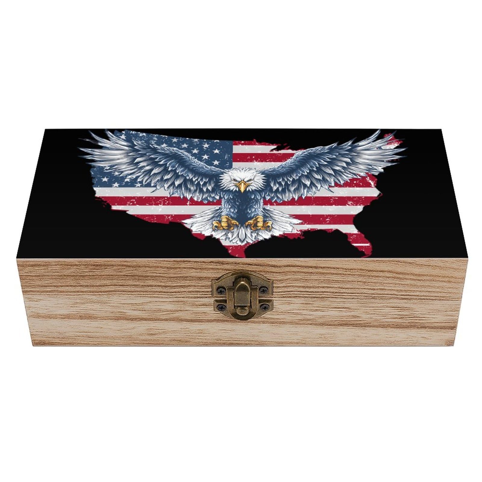 HLBSDM Bald Ea-gles Usa Wooden Box with Hinged Lid Decorative Storage Case Container