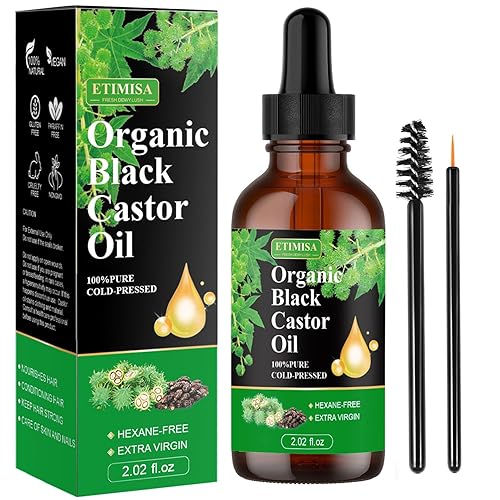 Etimisa Aceite de ricino negro orgánico, 100% puro natural, prensado en frío, botellas de vidrio, cabello, cuidado de cejas, cuidado de la piel,