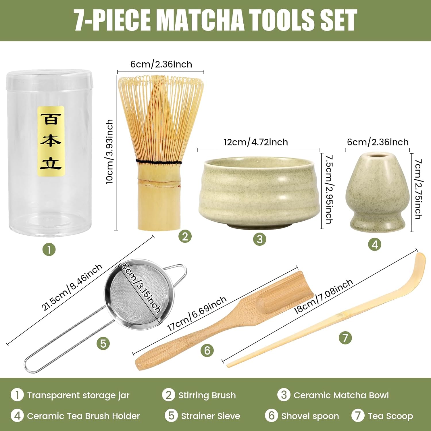 7Pcs Matcha Whisk Set with Matcha Whisk, Matcha Whisk Storage Holder, Matcha Powder Sifter, Ceramic Bowl, Tea Spoon, Green, 550ML