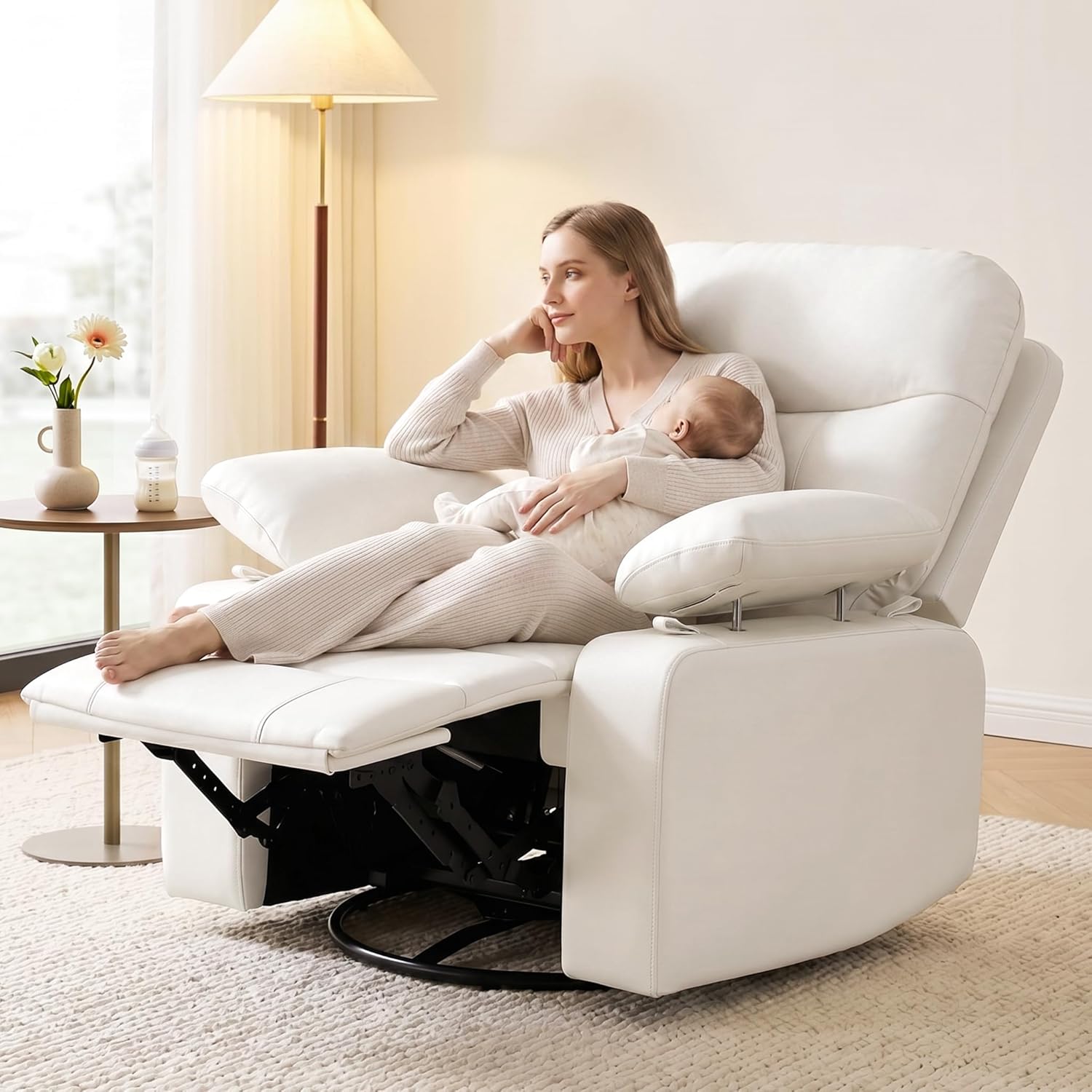 Nursery Glider Recliner with Adjustable Armrests, Oversized Comfortable Nursing Chair for Breastfeeding Moms, 360°Swivel, 90°-160° Recline, Quiet Rocking Chair Nursery for Living Room, White