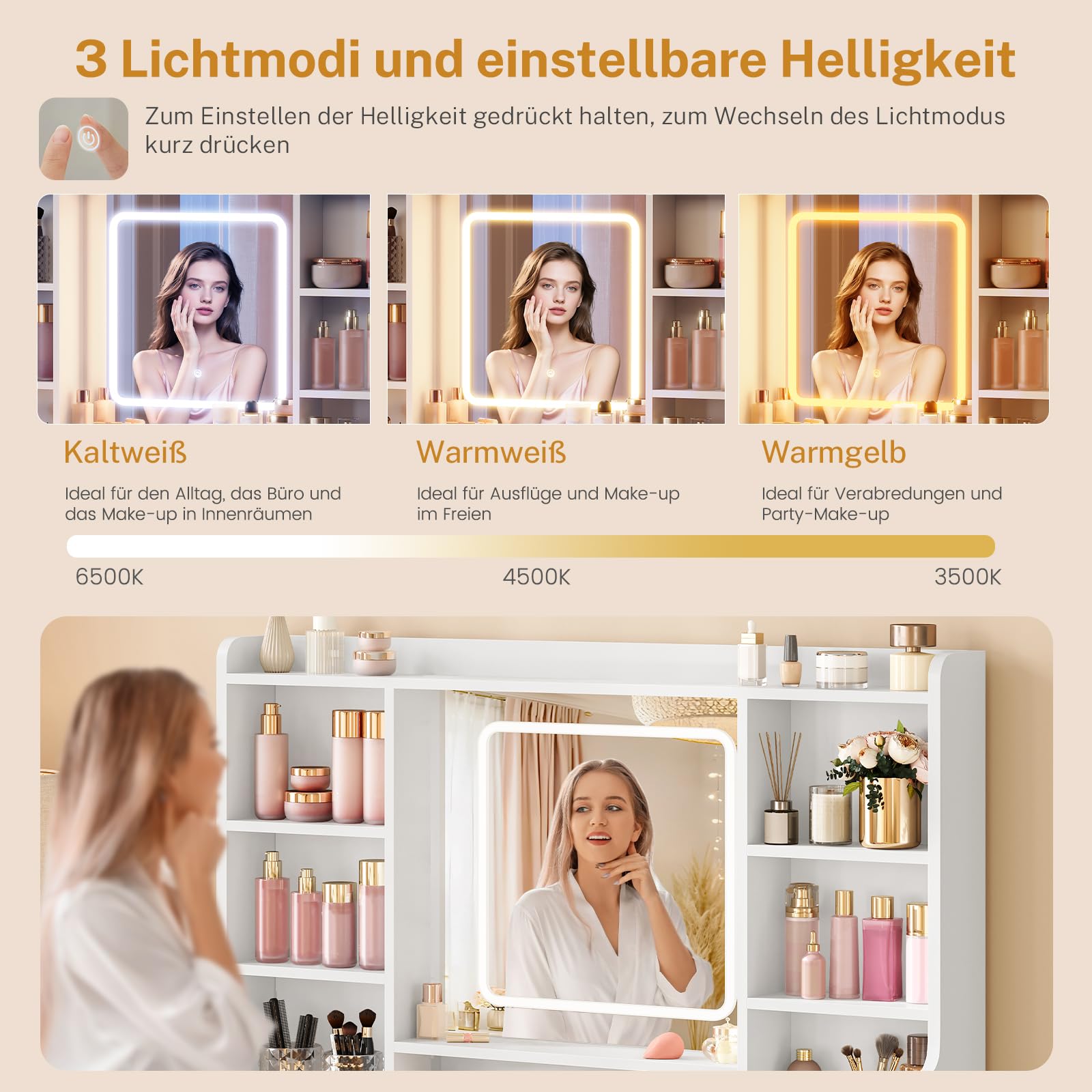 TEENFON Schminktisch mit Glasplatte, LED-Spiegel und RGB-Lichtleiste, Helligkeit Einstellbar, 3 Schubladen und 2 Schränke, inklusive Steckdosen, Für das Schlafzimmer, Weiß