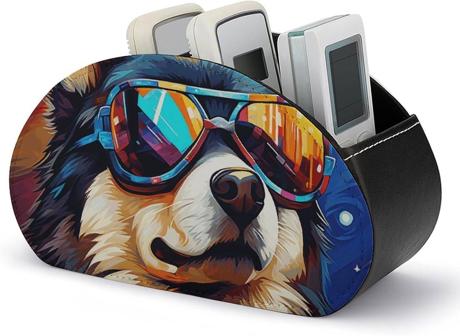 Dog Wearing Glasses Remote Control Holder Waterproof Leather Remote Control Organizer Box With 5 Compartments Remote Caddy Storage Box For Desk Stylish Accessory