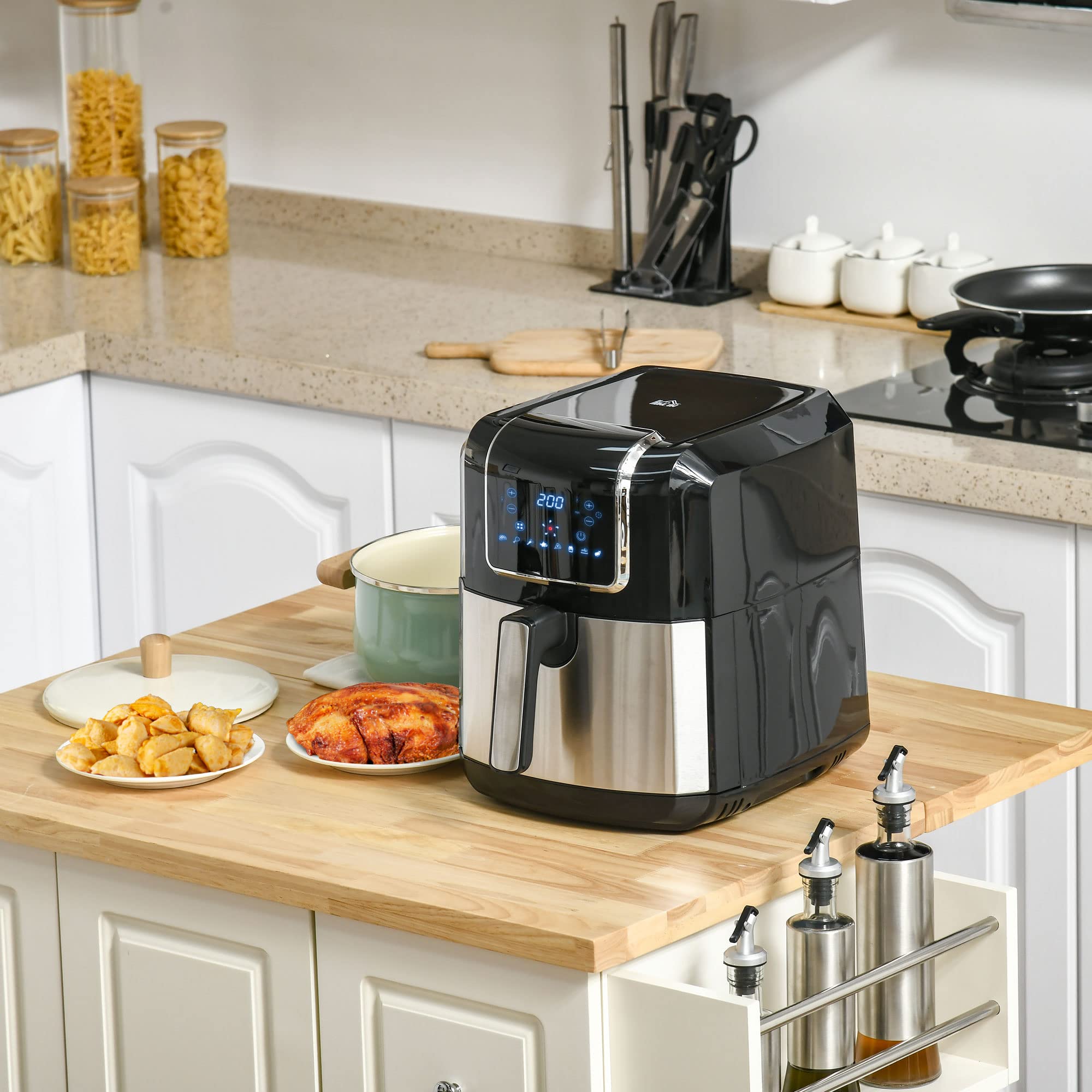 HOMCOM Freidora sin Aceite 6,5L 1700W 36,5x29x33,8 cm Negro | Freidora de Aire, 8 Programas, Pantalla LED Táctil, Temperatura Ajustable, Temporizador, Cesta Antiadherente