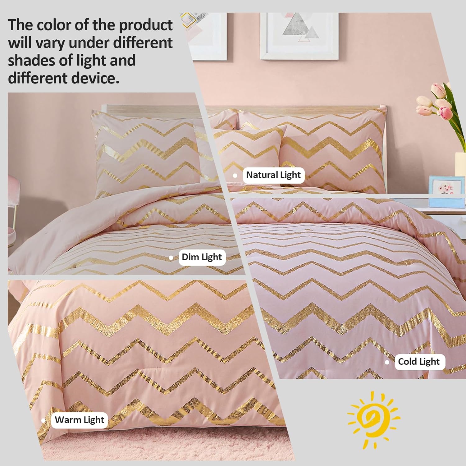 Menghomeus Pink Comforter Set Queen/Full Size Metallic Blush and Rose Gold Bed Comforter 4 Piece Soft Microfiber Bedding for Teen Girls Women (2 Pillow Shams + 1 Decorative Pillow Sham)