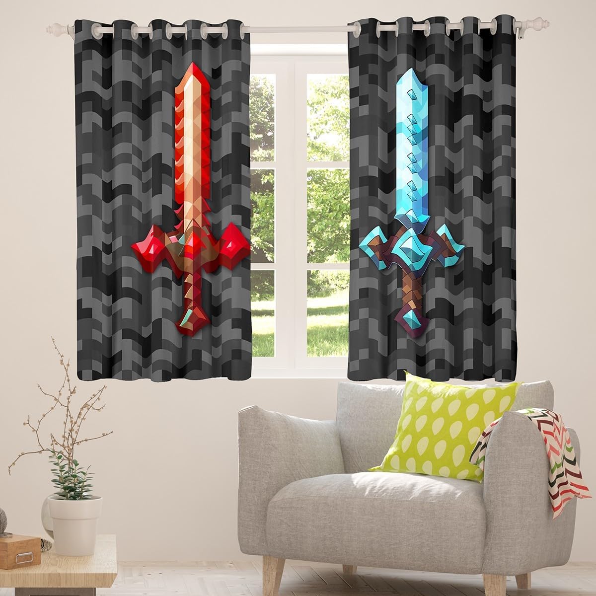 Castle Fairy Red Blue Sword Bedroom Decor Curtains,Sandbox Building Games Window Curtain,Kids Teens Pixelated Style Swords Window Treatment Grey Black Camo 30-50% Blackout Drapes 2 Panels,38Wx54L