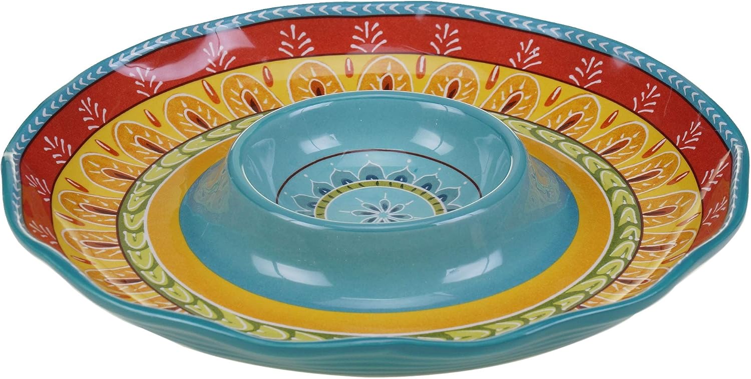 Chip and Dip 13.25-inch Blue Red Ceramic 1 Piece