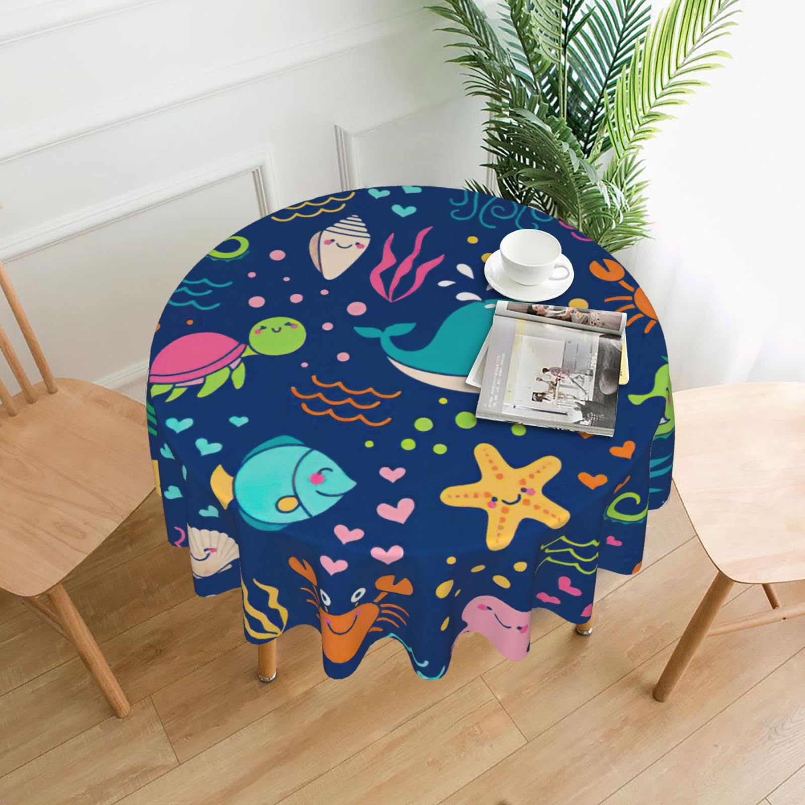 SDEGTHO Cartoon Sea Fish Print Modern Retro Round Tablecloth 60in Polyester Fabric Cover for Party Dining Table Washable