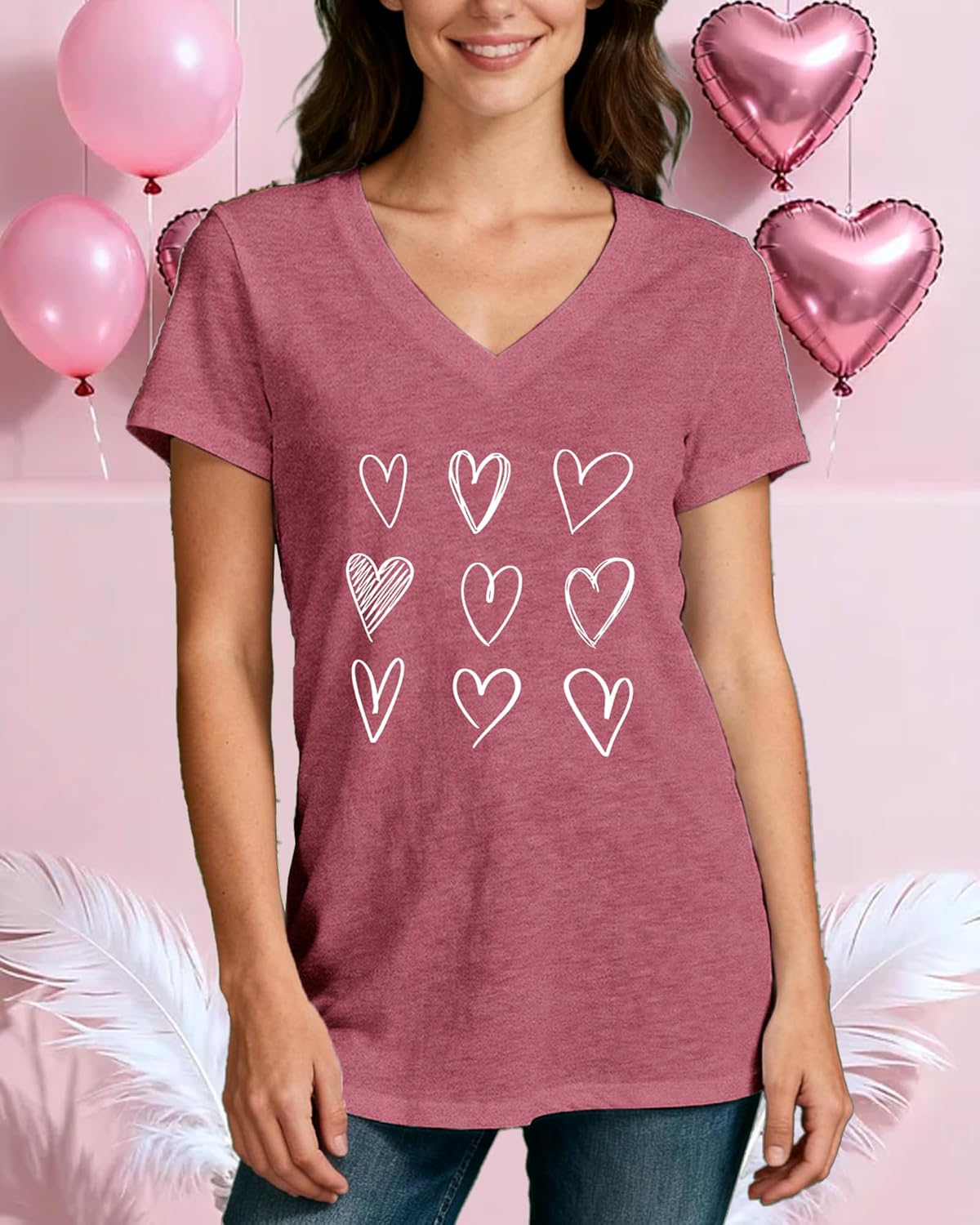 Valentine Day V-Neck T-Shirt for Women Cute Leopard & Multi-Heart Tees Casual Soft Love Theme Tops - Image 4