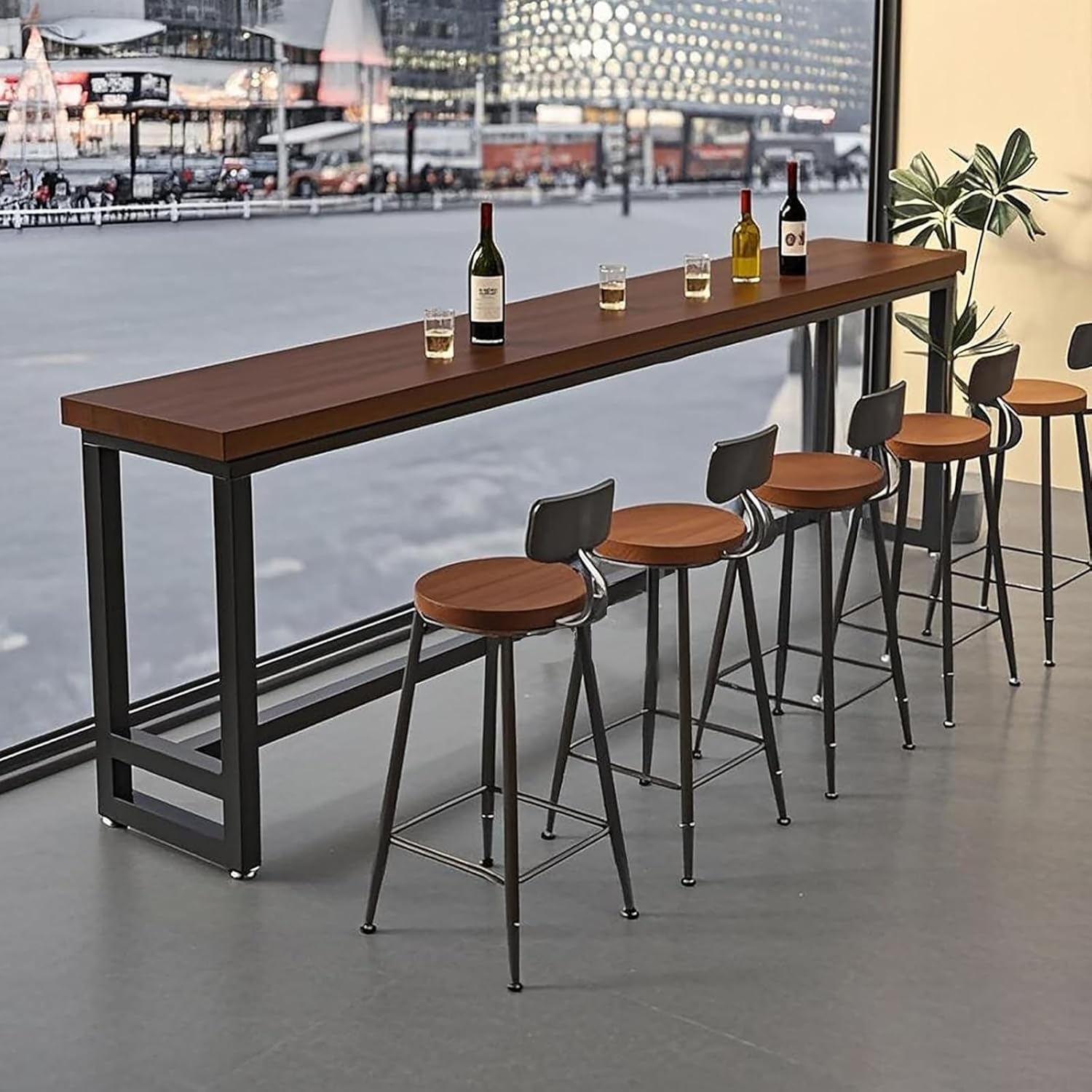 Long Narrow Bar Table Solid Wood with Metal Base,for 2,4,6,8,Industrial,Farmhouse,Live Edge,Rectangular,Bar Height Dining Table,Tall Pub Table,No Stool (Wood)